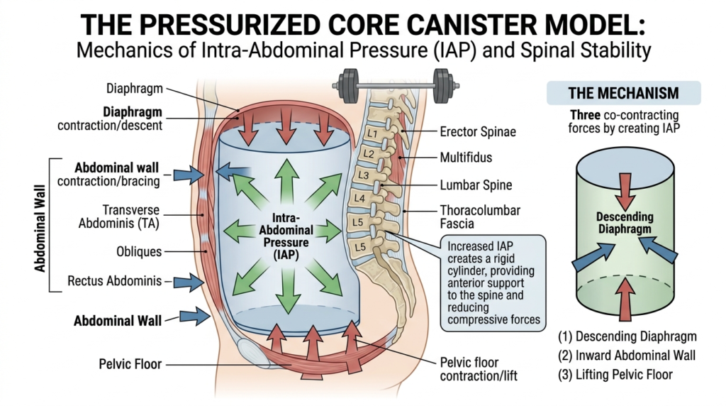 A scientific biomechanical illustration in 16:9 aspect ratio detailing 'THE PRESSURISED CORE CANISTER'. A cross-section of a squatting torso shows a cutaway of the lumbar region and abdominal muscles. Glowing green vectors illustrate how the diaphragm and pelvic floor seal the top and bottom, while 360-degree outward pressure (Intra-Abdominal Pressure/IAP) stabilises the spine against external loads from a lifting belt (orange), reducing compressive loads and preventing shear stress [4, 5, 11, 12].