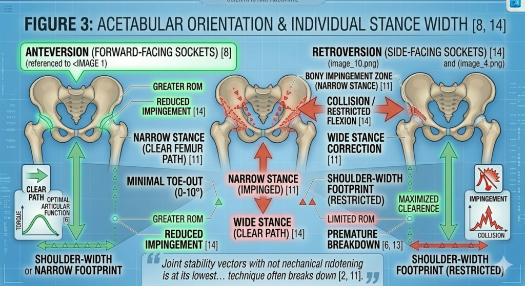 Top-down anatomical diagram of the human pelvis comparing anteversion and retroversion hip socket orientation for squat stance width.