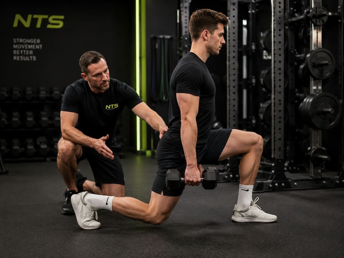 Personal trainer coaching a dumbbell lunge during an advanced knee-dominant training workshop