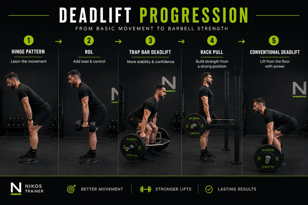Deadlift progression from hip hinge and Romanian deadlift to rack pull and conventional deadlift.