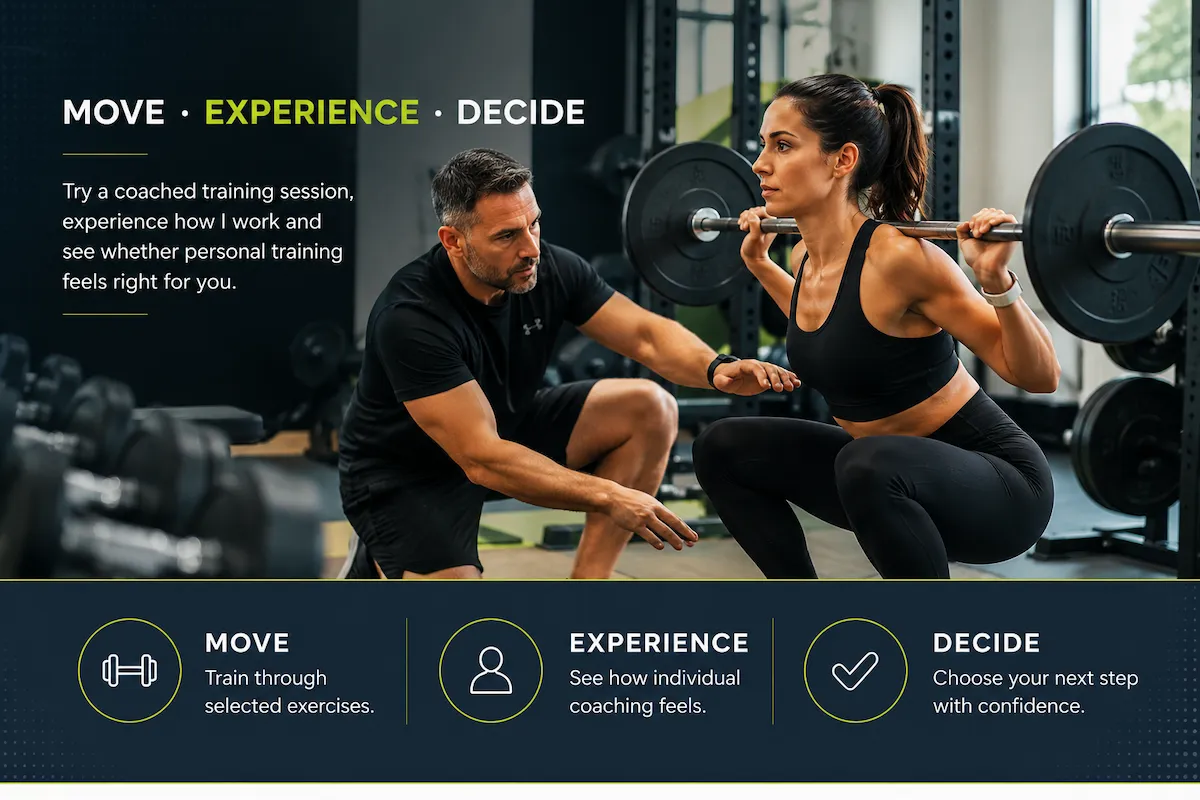 Personal trainer coaching a client through a barbell squat during a taster training session.