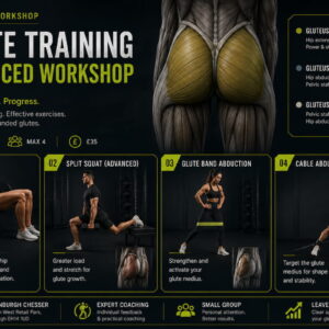 Advanced glute training workshop showing hip thrust, split squat, band abduction, cable abduction and glute anatomy.
