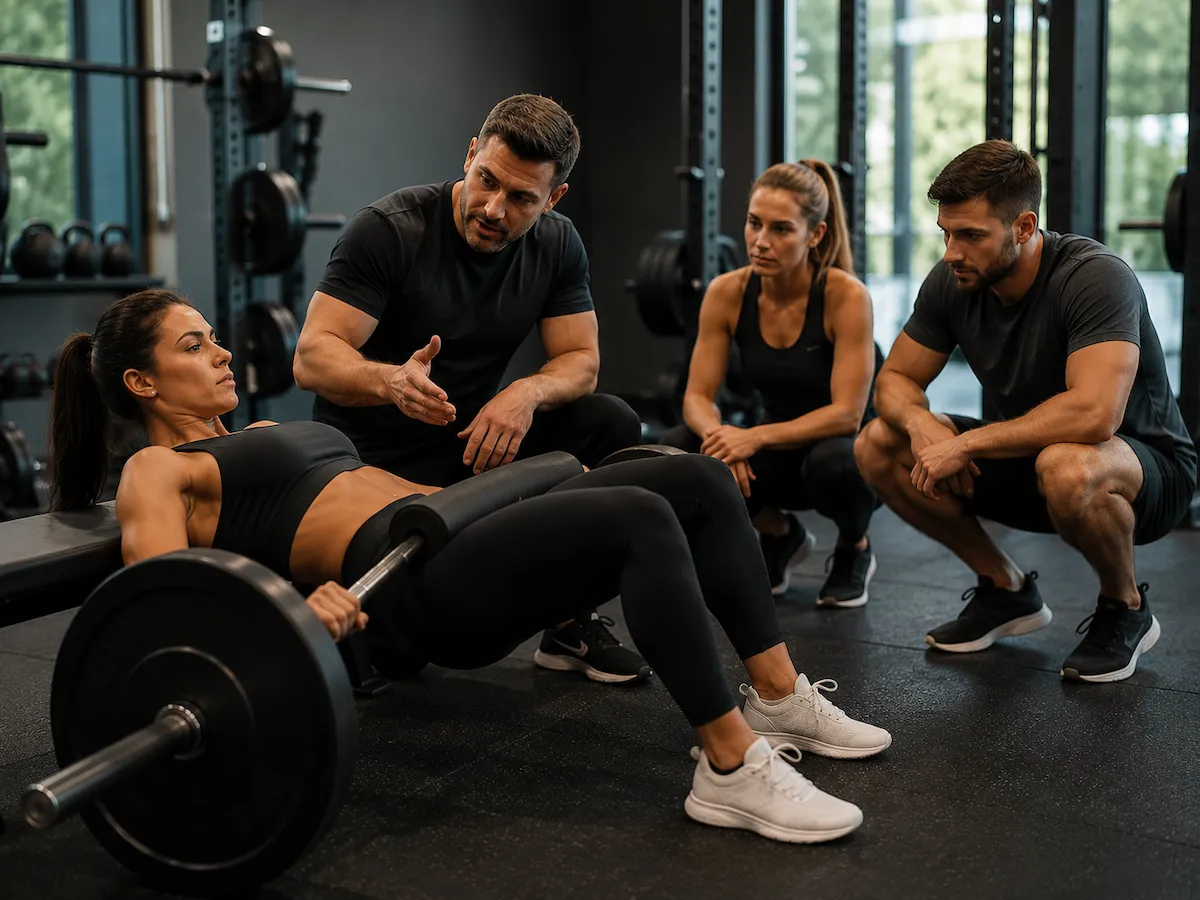 Personal trainer coaching a small group through barbell hip thrust technique during an advanced glute training workshop.