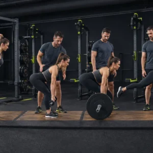 Athlete progressing from a hip-hinge assessment through Romanian deadlift, conventional deadlift and single-leg RDL with individual coaching.