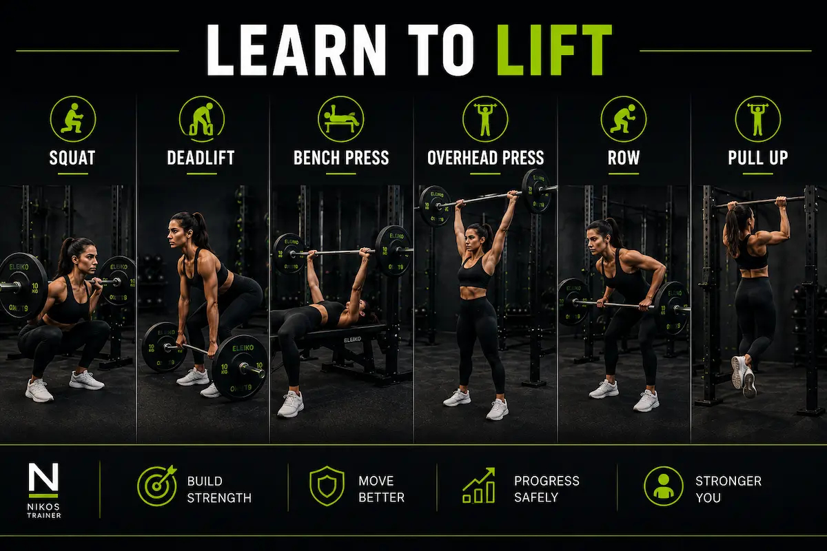 Woman demonstrating fundamental strength exercises including squat, deadlift, bench press, overhead press, row and pull-up.