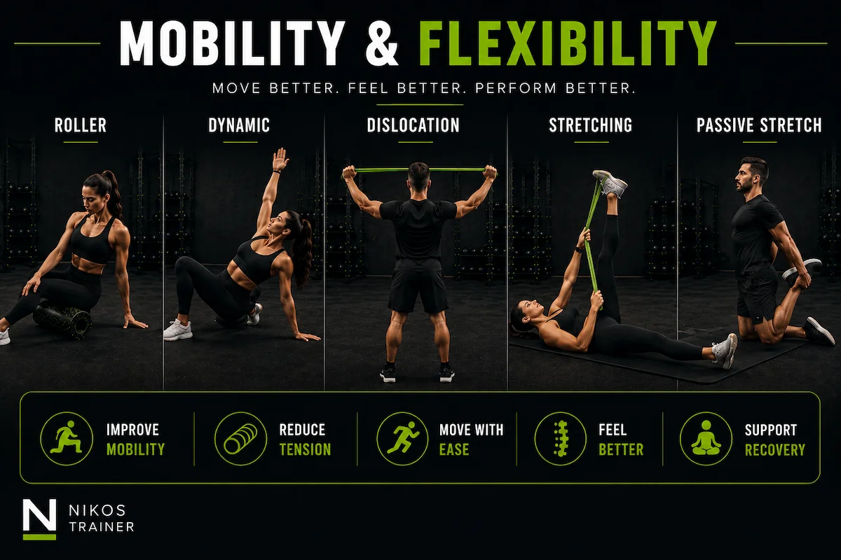 Mobility and flexibility exercises including foam rolling, dynamic movement, band shoulder mobility, hamstring stretching and passive stretching.