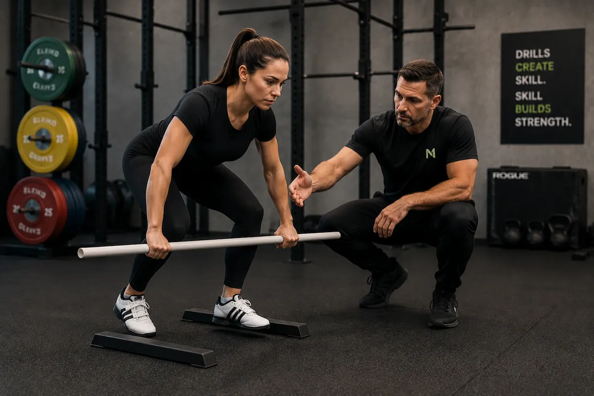 Athlete practising an Olympic lifting drill with a technique bar while receiving technical coaching.