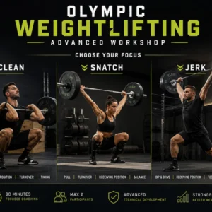 Olympic weightlifting advanced workshop showing the clean, snatch and jerk with key technical positions.