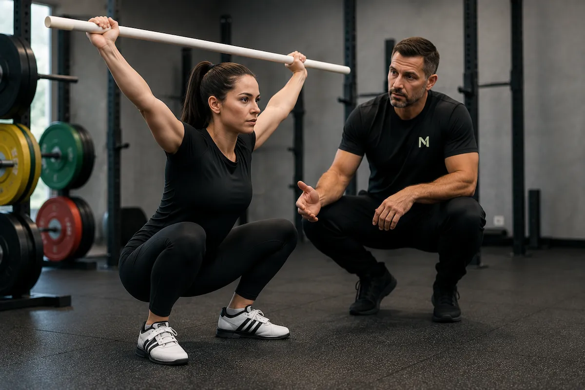 Athlete practising Olympic lifting positions with a technique bar while receiving individual coaching.