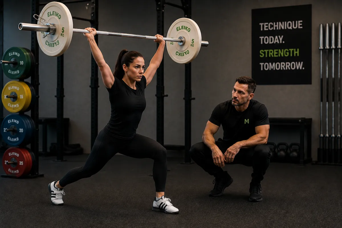 Athlete performing a light split jerk while receiving individual Olympic weightlifting technique feedback.
