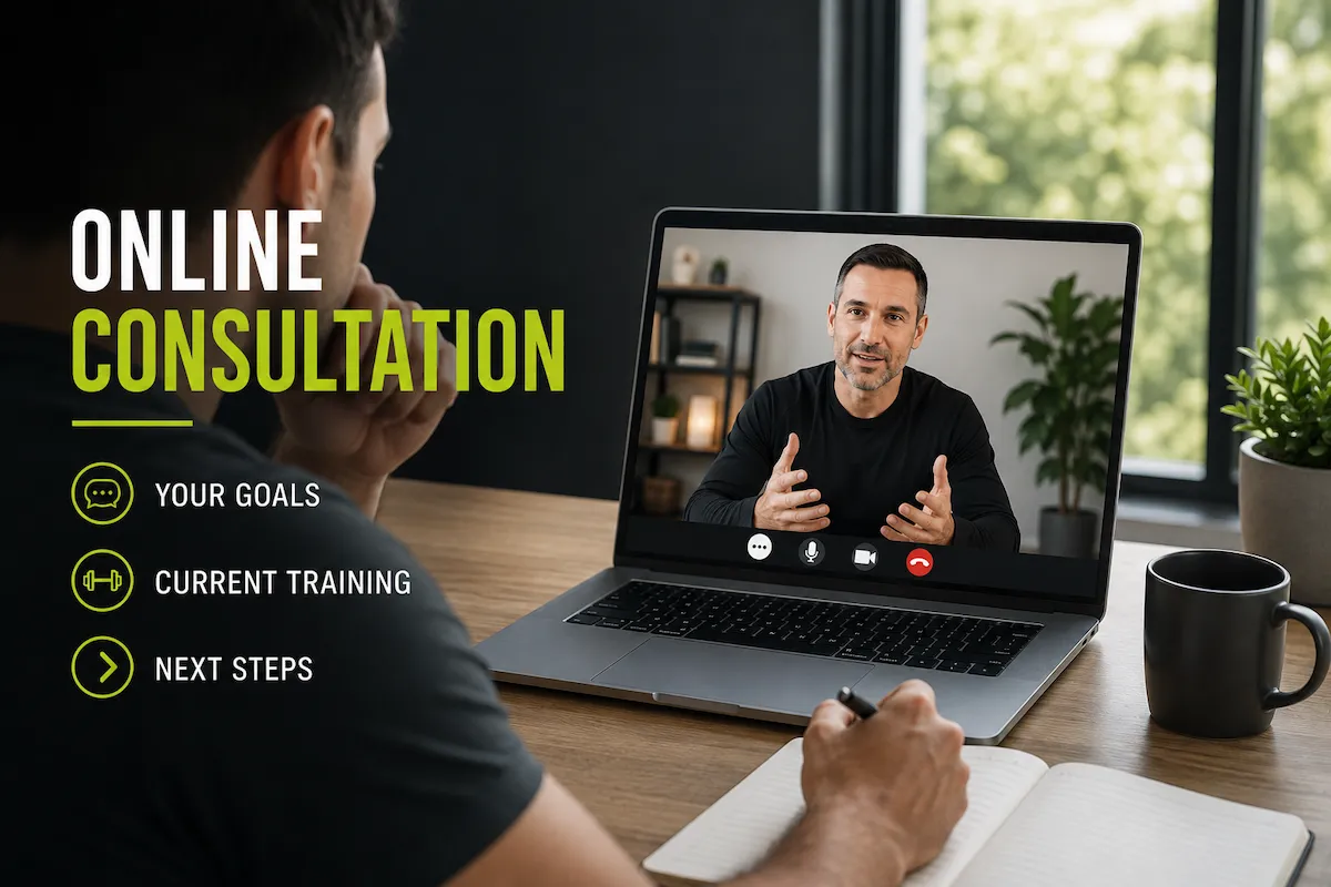Online fitness consultation with a personal trainer discussing goals, current training and next steps by video call.