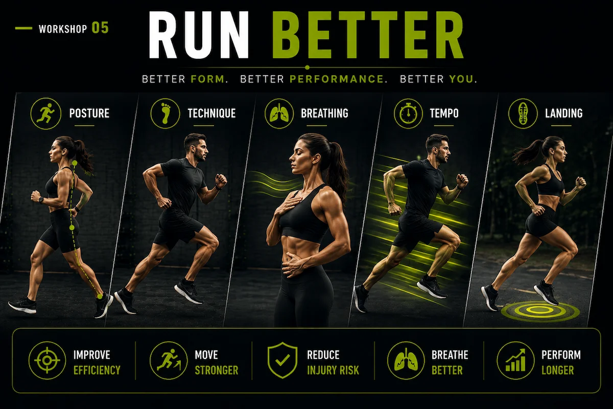 Male and female runners demonstrating posture, running technique, breathing, tempo and landing mechanics.