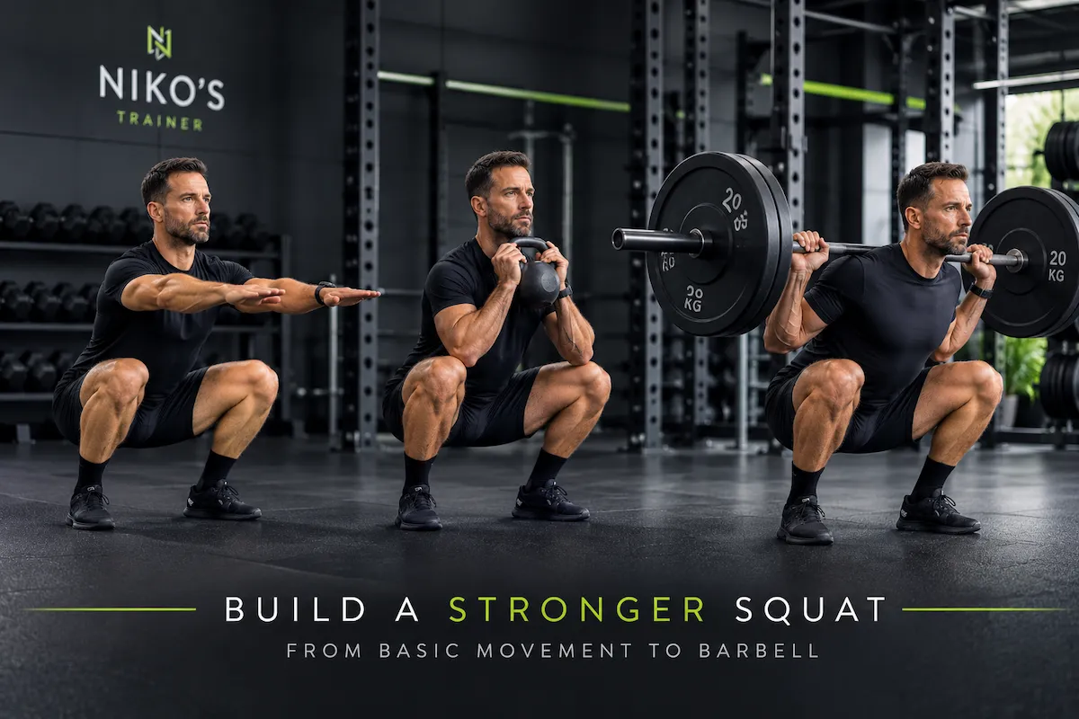 Squat progression from bodyweight and goblet squat to barbell back squat.