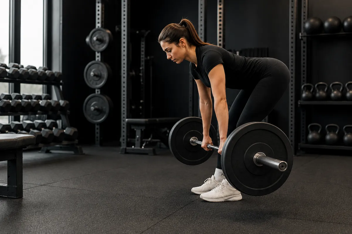 Woman performing a Romanian deadlift during an advanced hip-dominant training workshop