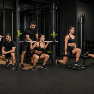 Athlete progressing through an overhead squat assessment, back squat, deficit reverse lunge and Bulgarian split squat with technical coaching.