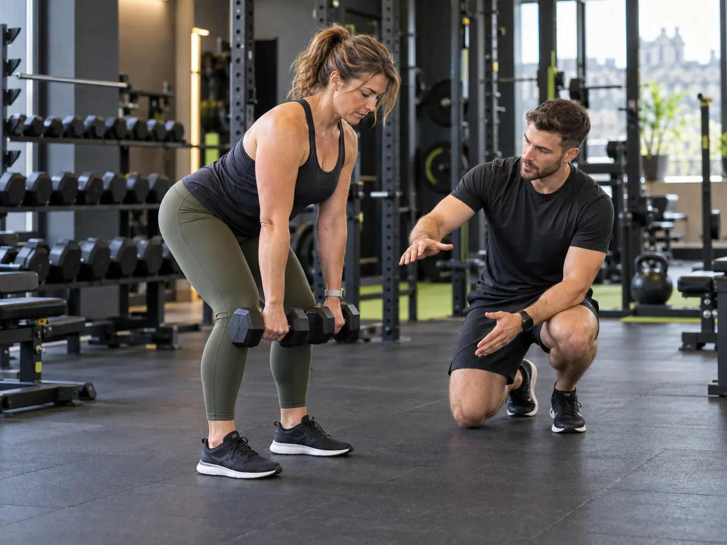 Coach guiding a client through a dumbbell hip hinge in a gym