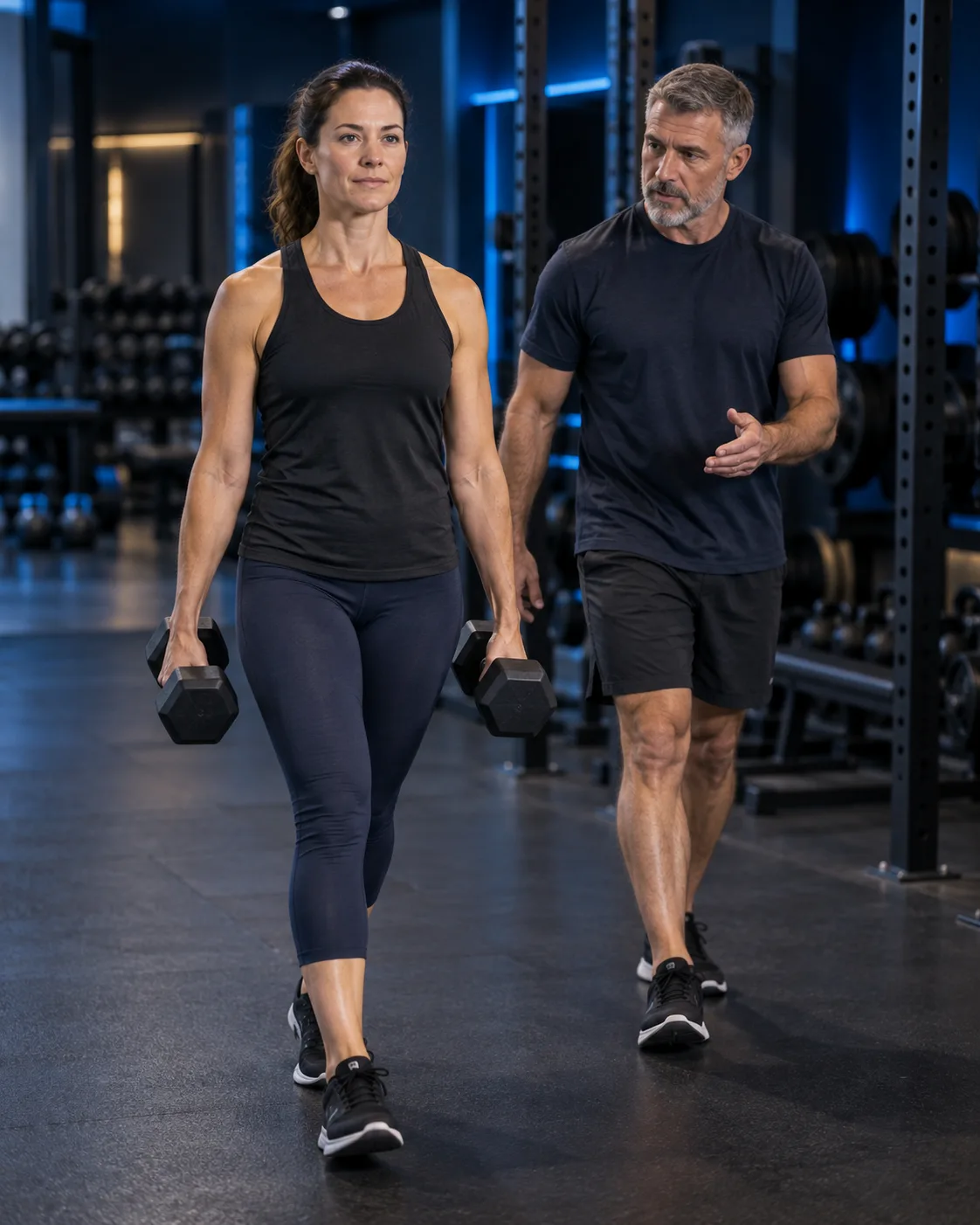 Woman performing a farmer’s carry with guidance from a strength coach