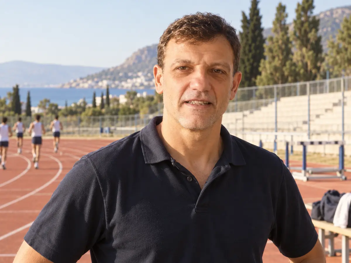 Athletics coach working with athletes on a running track in Greece