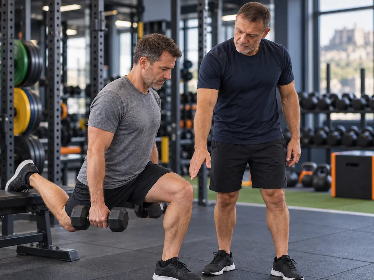 Nikos coaching a client’s split-squat technique during a personal training session in Edinburgh
