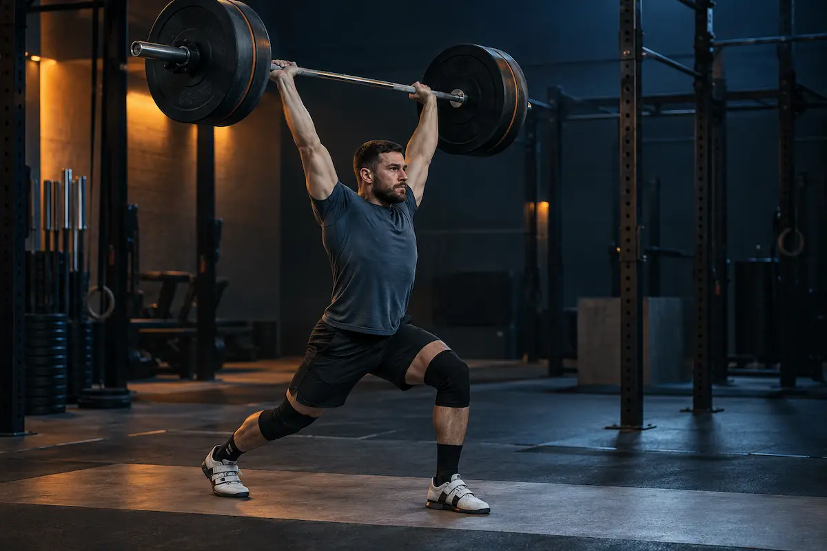 Athlete completing a split jerk during Olympic weightlifting coaching