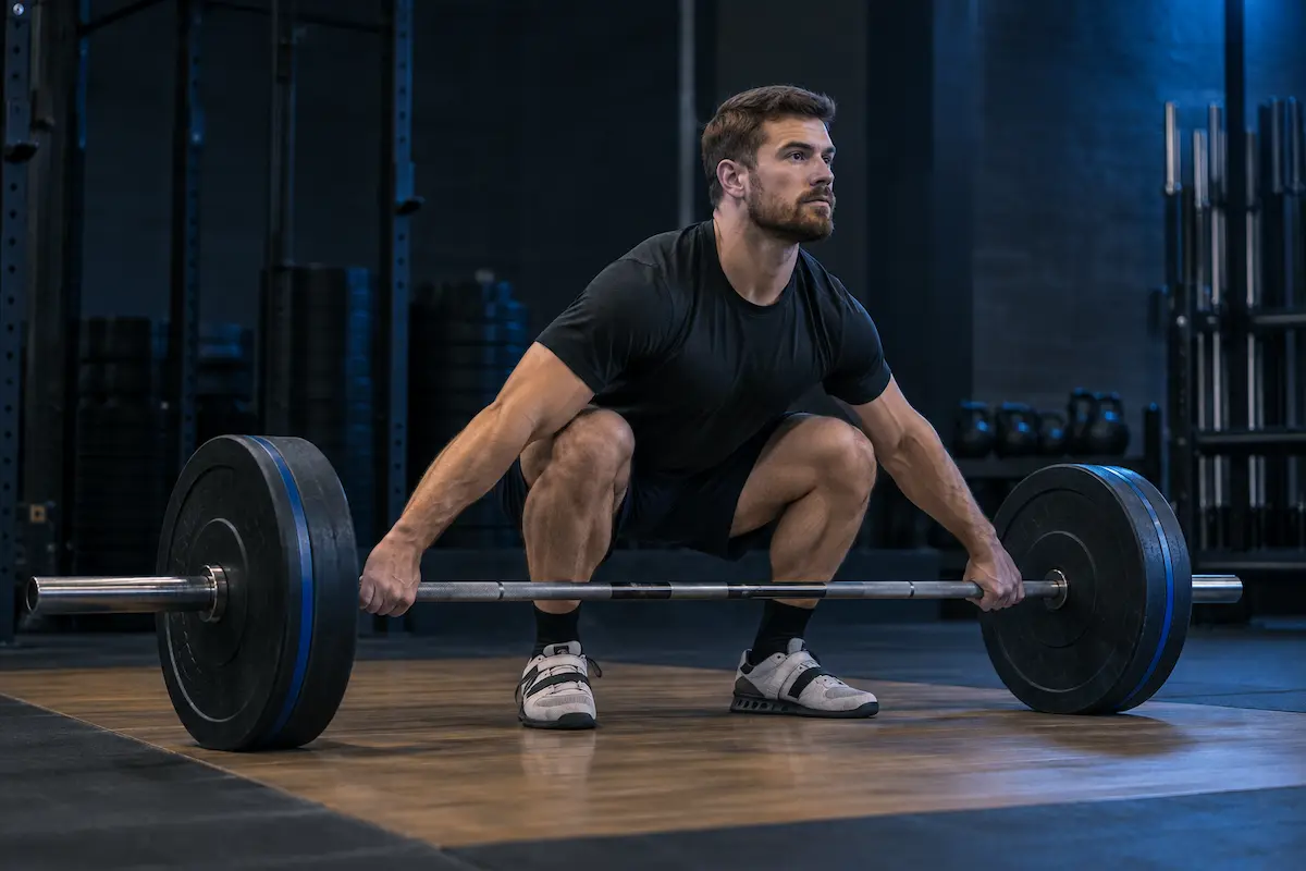 Athlete setting up with a wide grip for the Olympic snatch