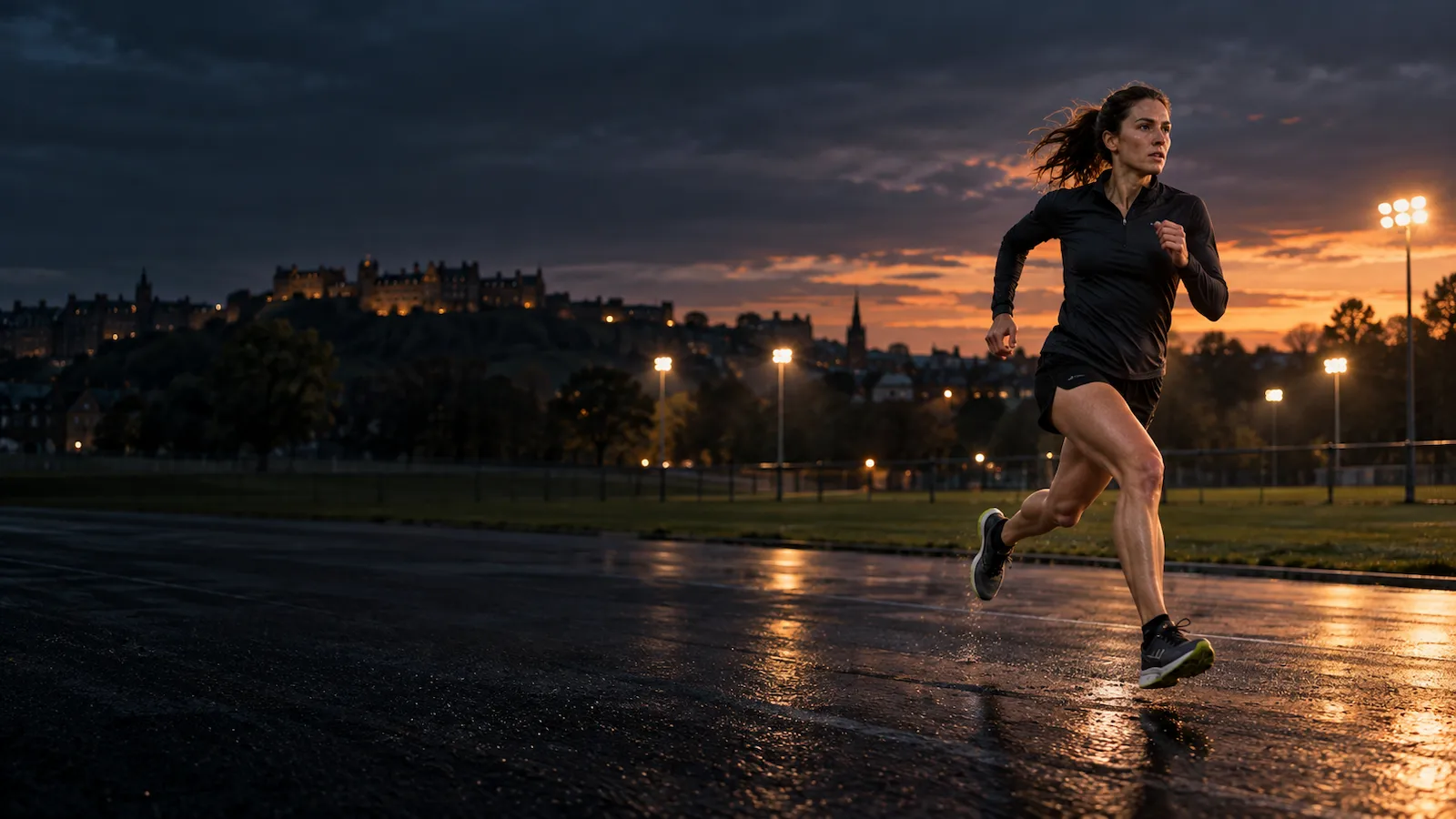 Runner training outdoors under floodlights at dusk