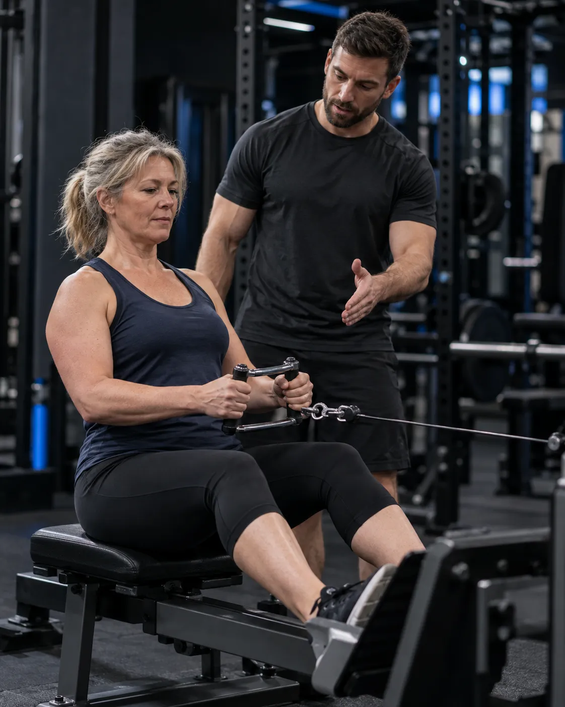 Woman learning a seated cable row with guidance from a strength coach in an Edinburgh gym