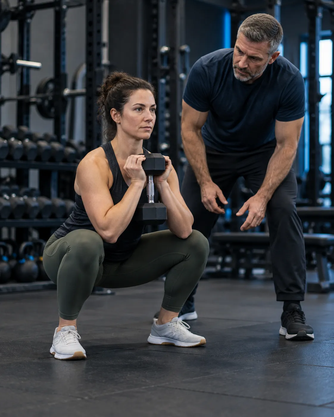 Woman performing a goblet squat with guidance from a strength coach in an Edinburgh gym