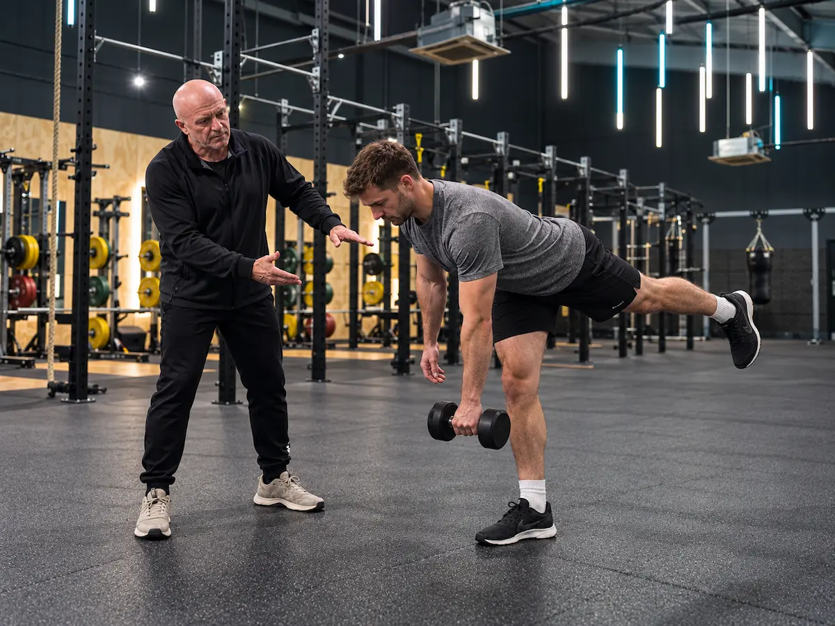 Nikos coaching a runner through a single-leg strength exercise in a gym
