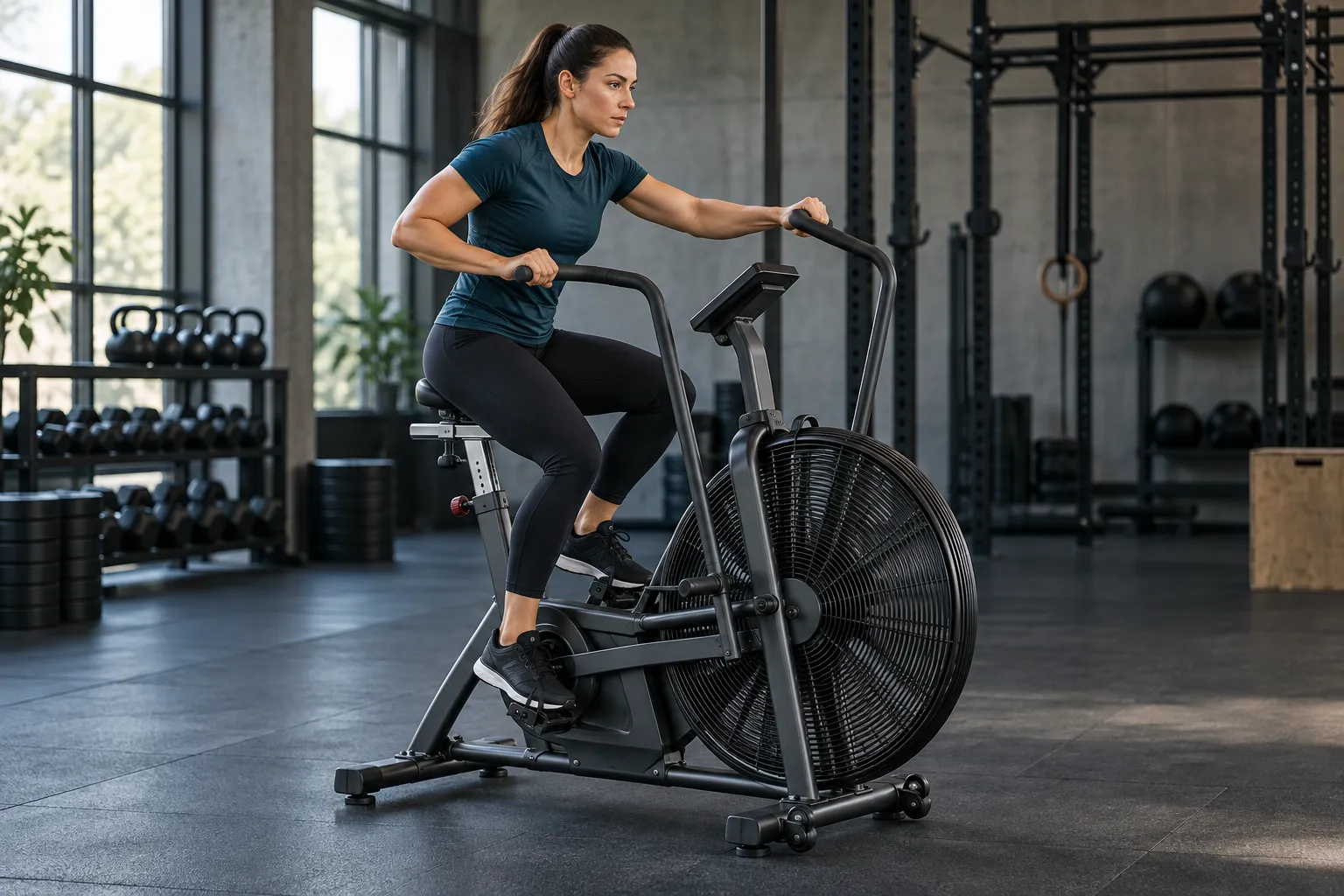 Woman seated on an air bike, pedalling while pushing and pulling the moving handles.
