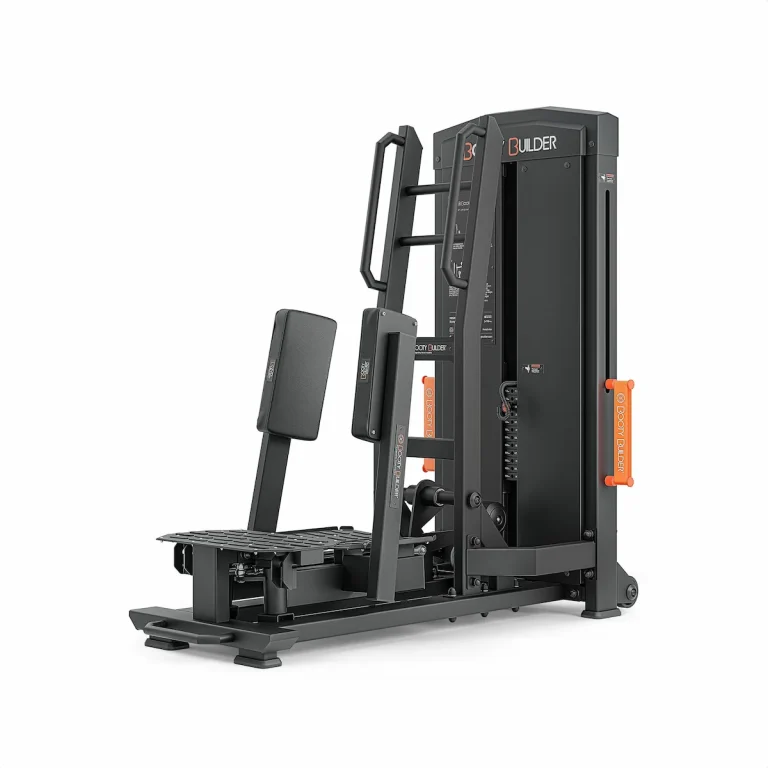 Angled view of the Booty Builder selectorized standing hip abductor with padded leg supports, handles and foot platforms.