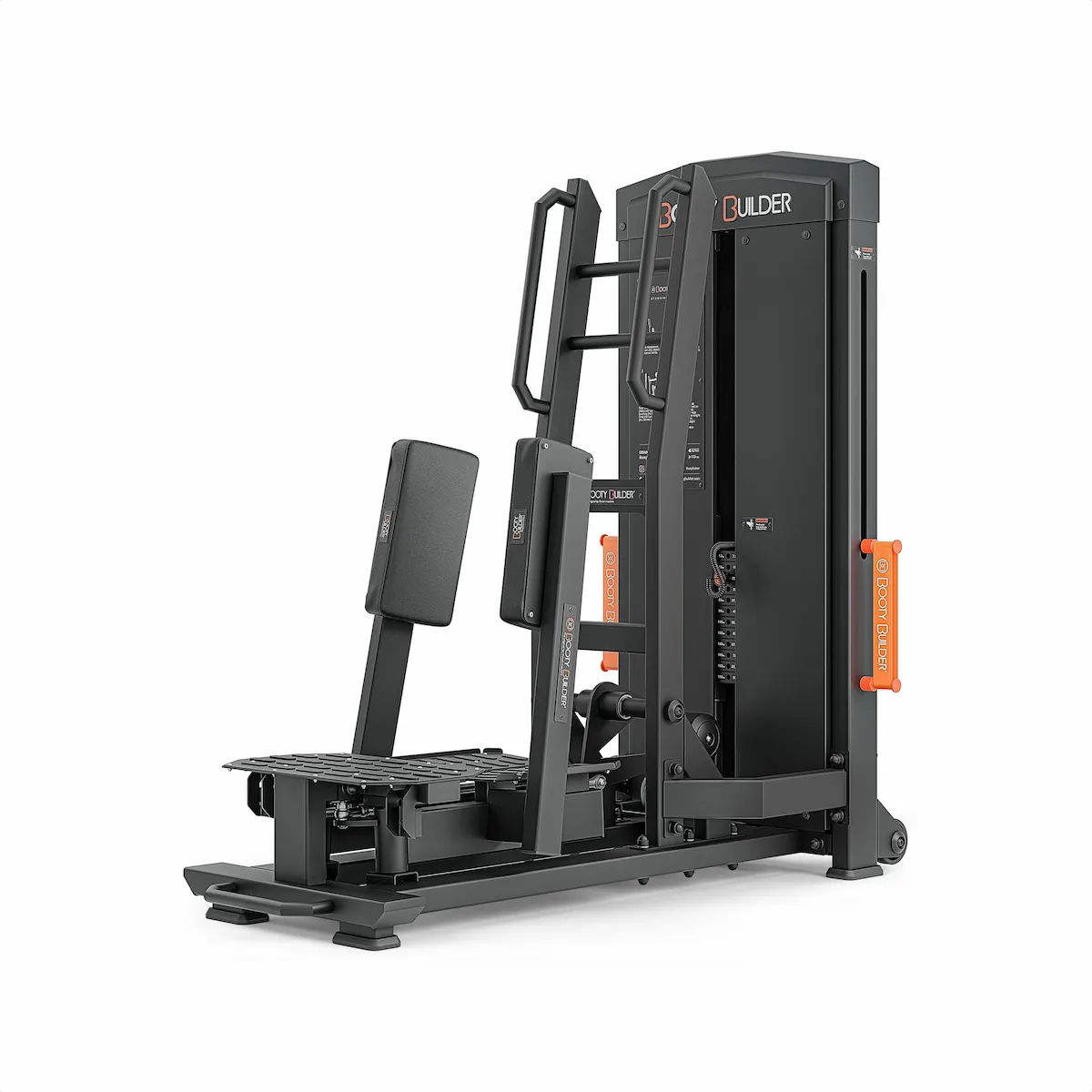 Angled view of the Booty Builder selectorized standing hip abductor with padded leg supports, handles and foot platforms.