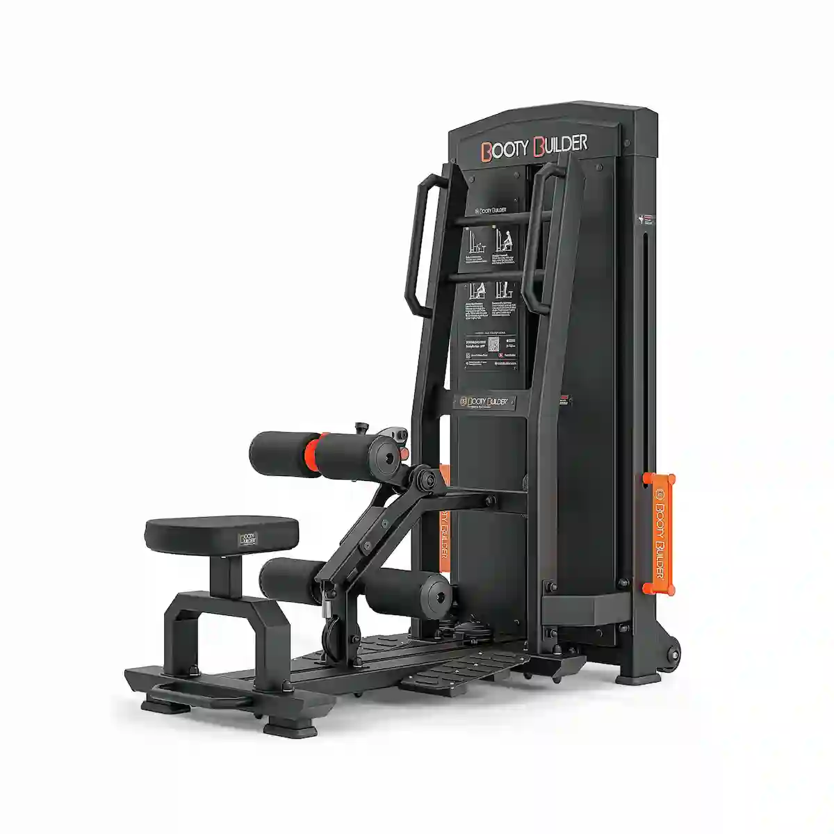 Black Booty Builder selectorized standing hip-thrust machine with thigh and calf pads, support handles and a weight-stack tower.