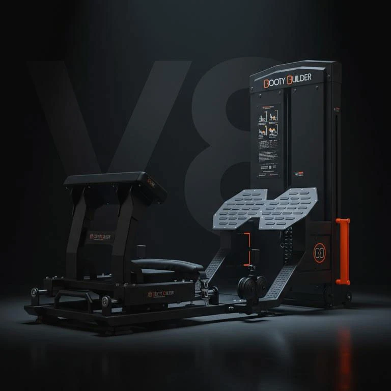 Black Booty Builder V8 hip-thrust machine with padded back support, hip belt, raised foot platform and weight-stack tower