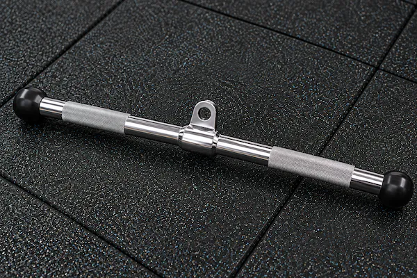 Straight chrome cable row bar with two knurled grip sections, black end caps and a central metal cable connection eyelet.