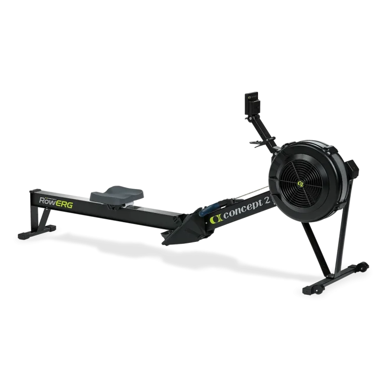 Black Concept2 RowErg rowing machine with a sliding seat, footrests, air flywheel and performance monitor.