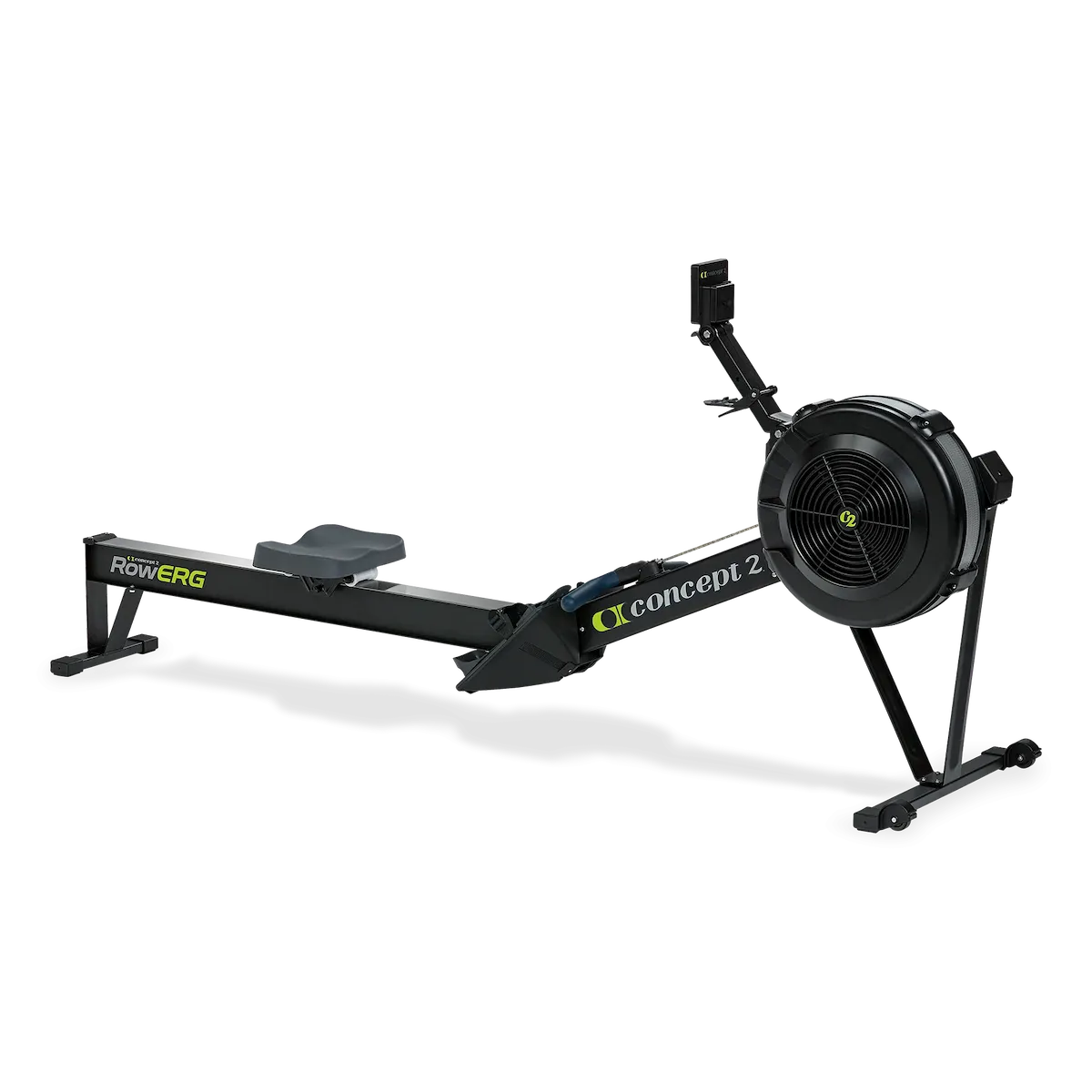 Black Concept2 RowErg rowing machine with a sliding seat, footrests, air flywheel and performance monitor.