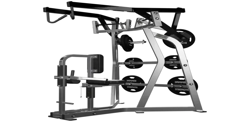 Black plate-loaded High Row machine with independent overhead work arms, chest support, seat and thigh restraint.