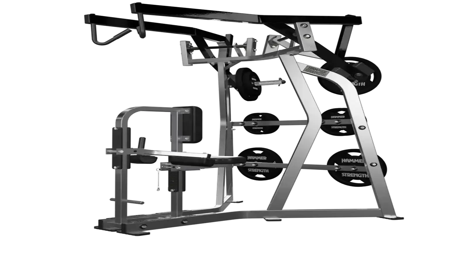 Black plate-loaded High Row machine with independent overhead work arms, chest support, seat and thigh restraint.
