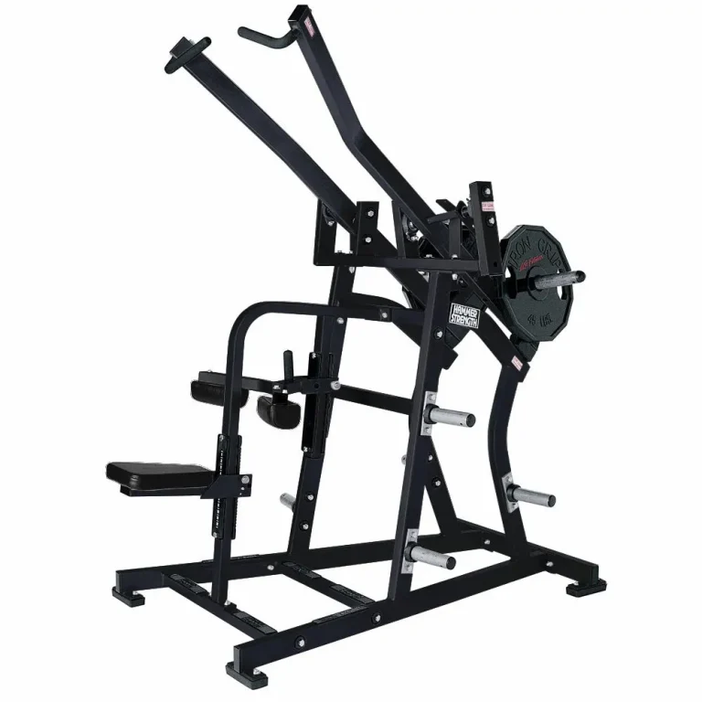 Hammer Strength Iso-Lateral Wide Pulldown machine with independent overhead work arms, seat and thigh restraint.