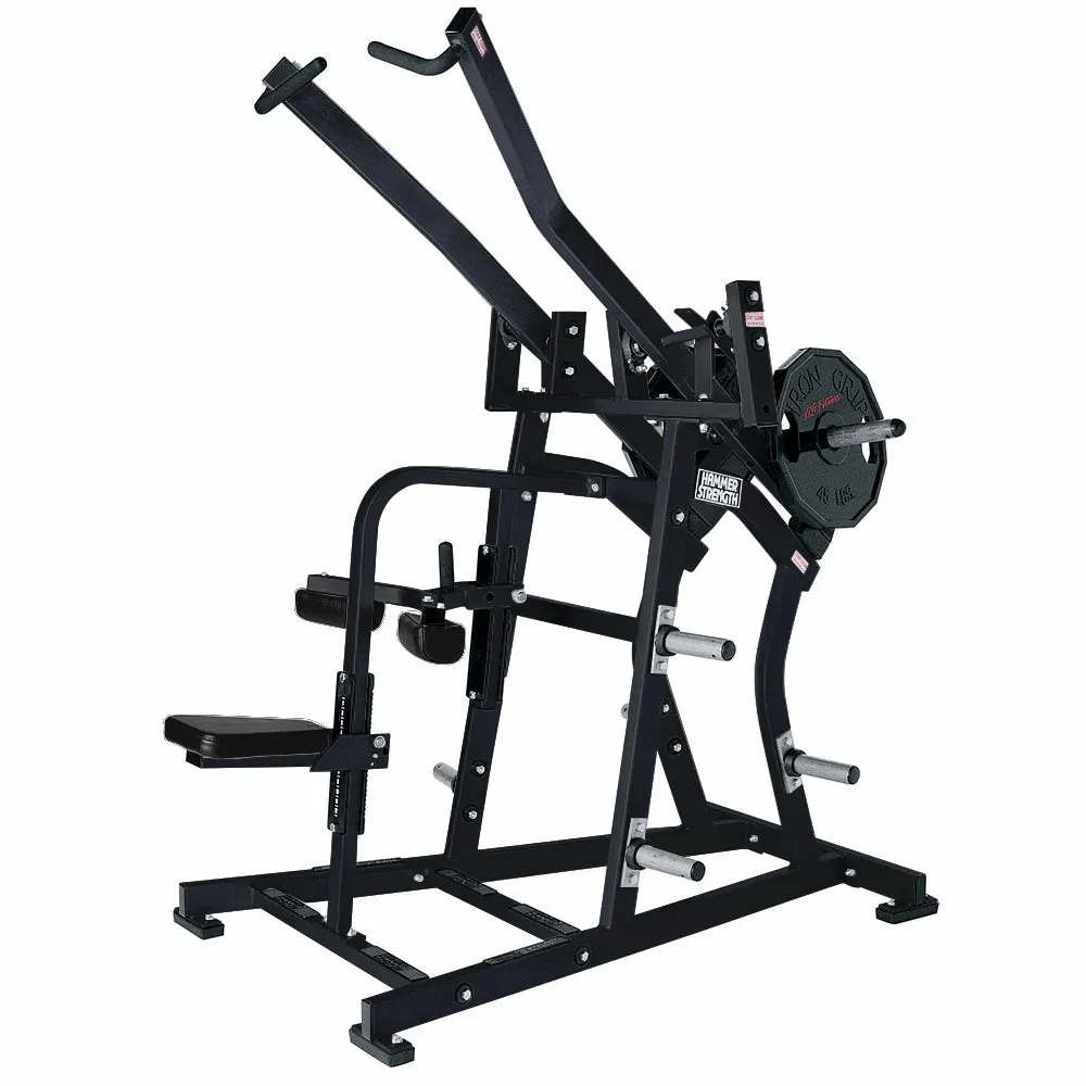 Hammer Strength Iso-Lateral Wide Pulldown machine with independent overhead work arms, seat and thigh restraint.