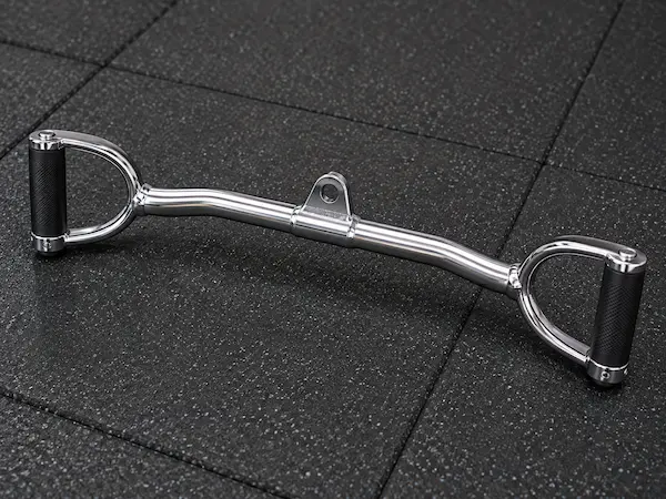 Medium-length chrome cable row attachment with two vertical neutral-grip handles at opposite ends and a central cable connection point.