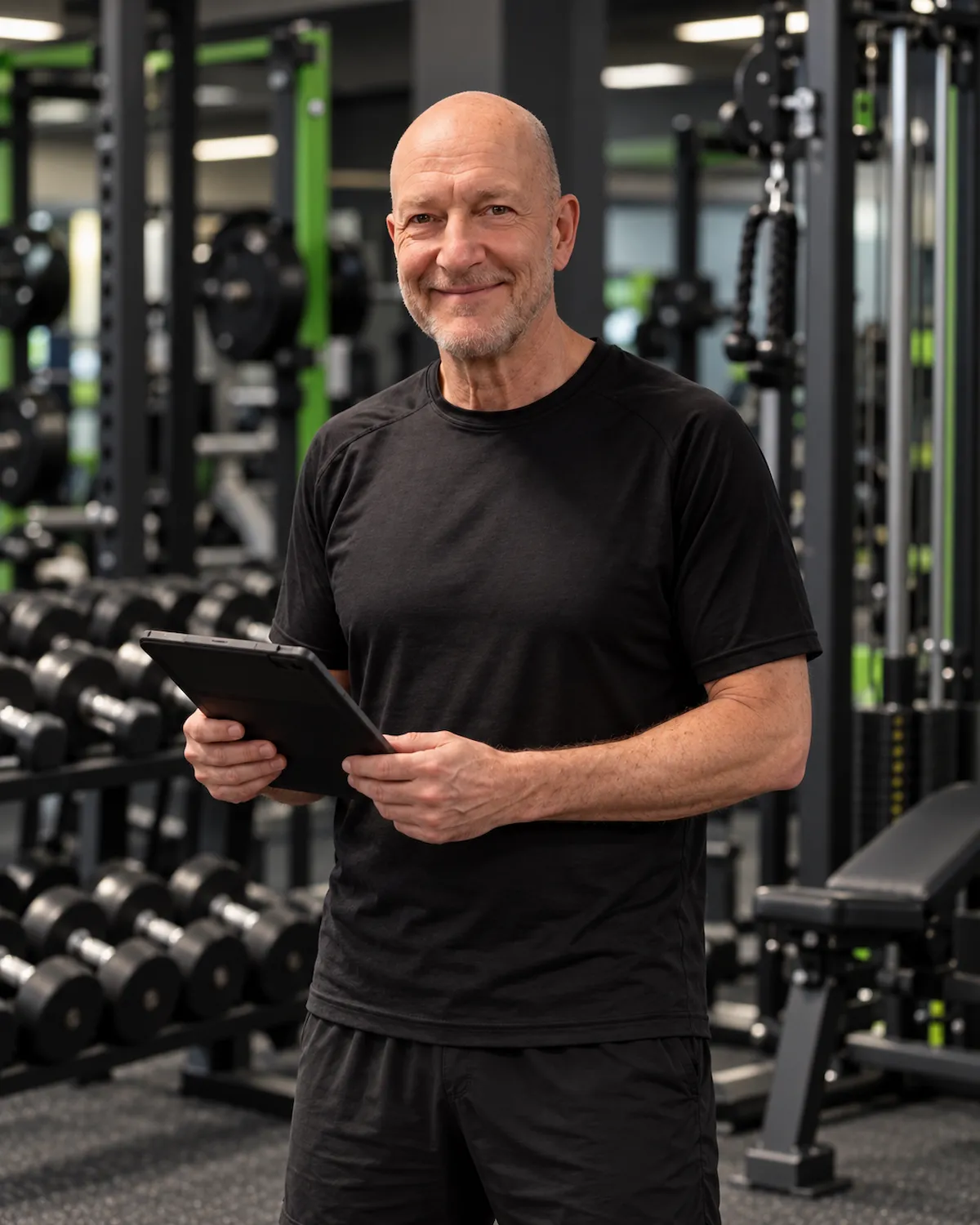 ikos Moumouris holding a coaching tablet beside resistance-training equipment