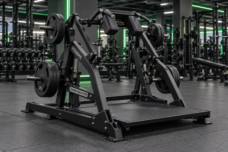 Black squat machine with shoulder pads and weight plates in a green-lit gym.