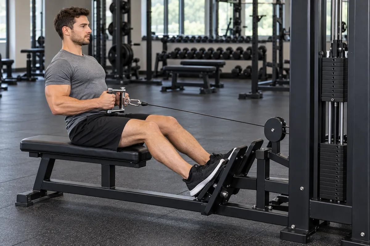Man performing a seated cable row with a close neutral-grip handle, seated on a bench with feet supported on angled footplates.