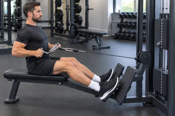 Seated cable row performed with an angled EZ-style bar attachment