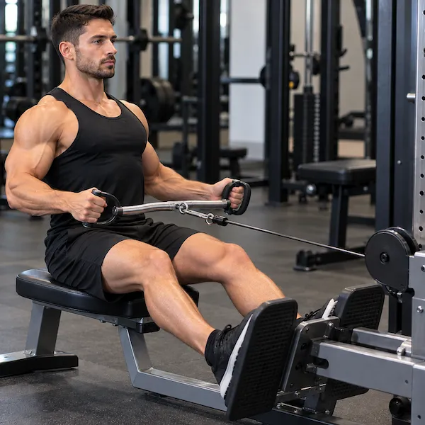 Athlete performing a seated cable row using a medium-length bar with neutral-grip handles at both ends.