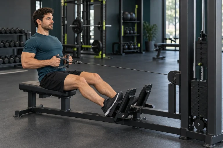 Man performing a seated cable row with a close neutral-grip handle, feet supported and elbows near his torso.