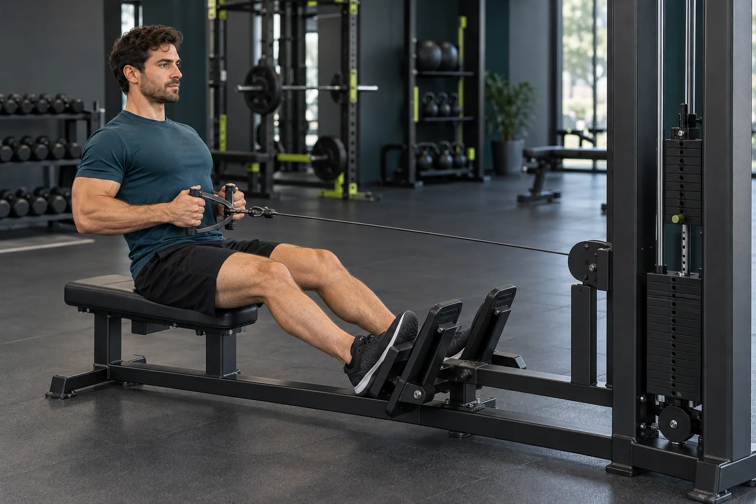 Man performing a seated cable row with a close neutral-grip handle, feet supported and elbows near his torso.