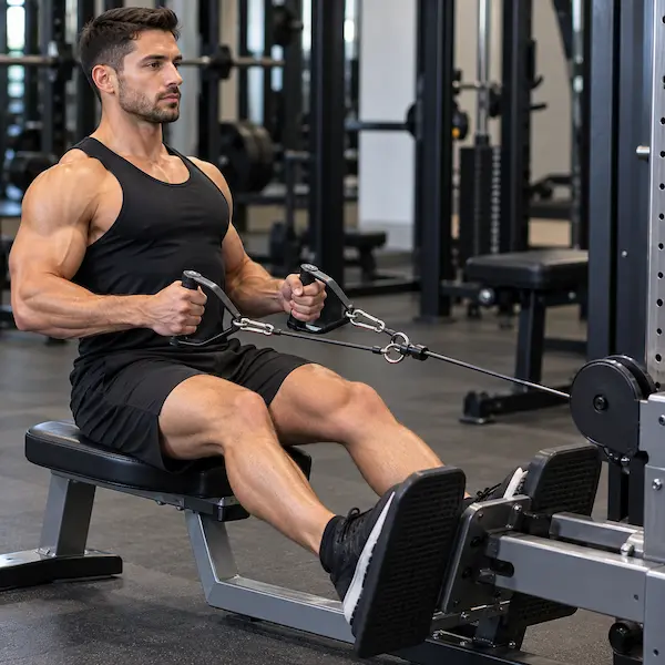 Athlete performing a seated cable row using two separate D-handles connected to one low pulley.